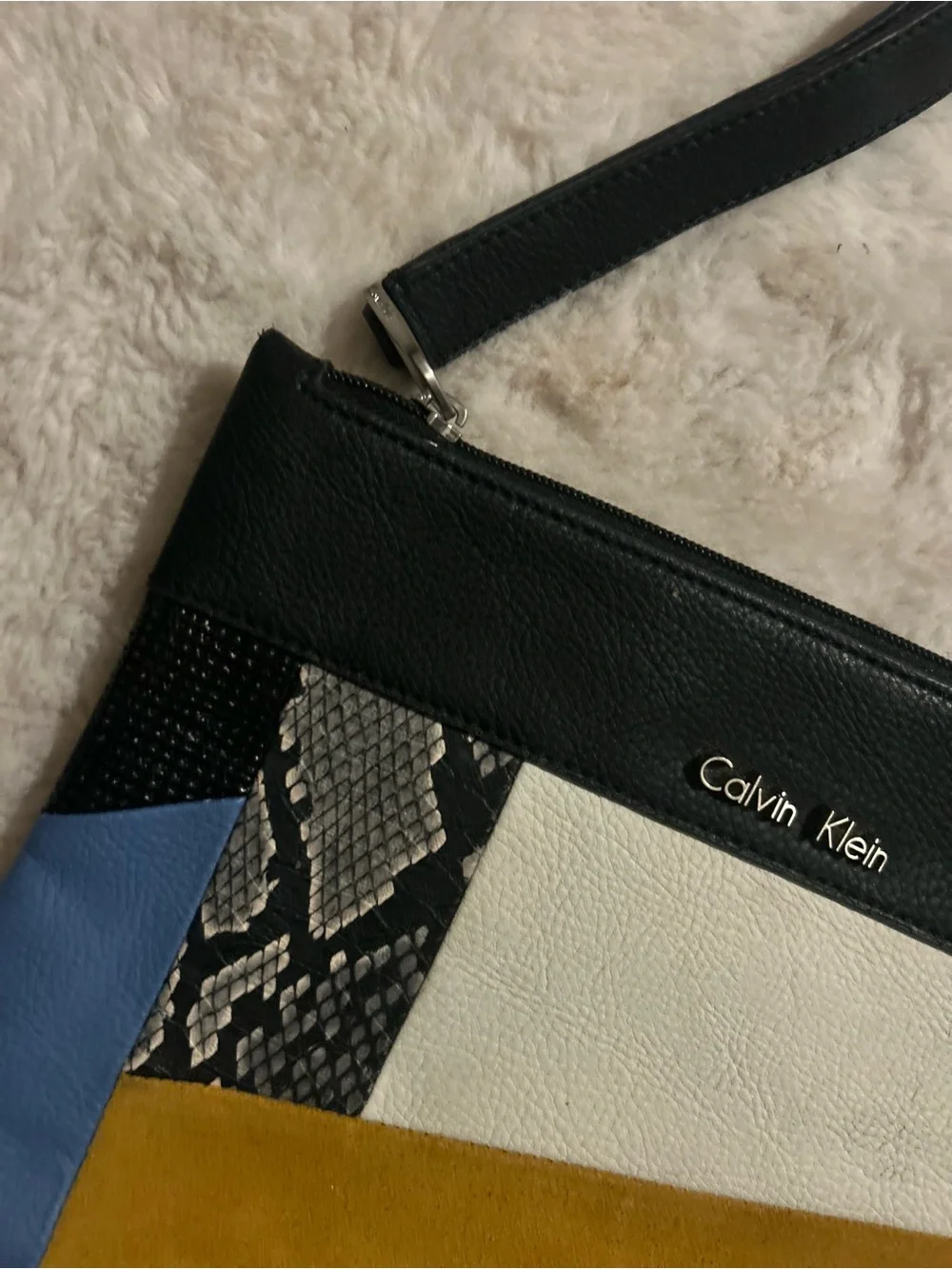 Calvin Klein Colorblock Patchwork Wristlet in Black, Blue, White & Mustard